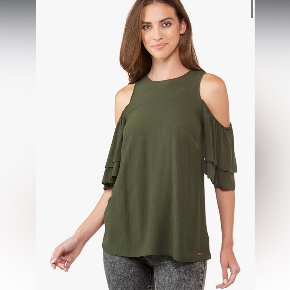 NWT Michael Kors Womens cold shoulder top army green size XS